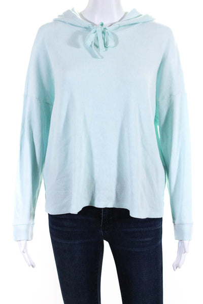 Eileen Fisher Womens Light Blue Waffle Knit Long Sleeve Hoodie Top Size L