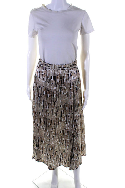 0039 Italy Womens Silk Charmeuse Geometric Print Split A-Line Skirt Beige Size S