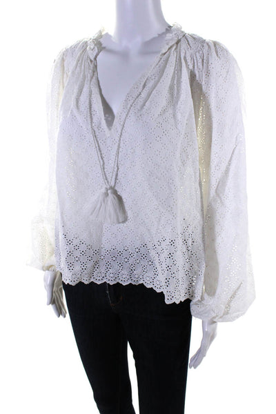 Ulla Johnson Womens Cotton Eyelet Long Sleeve Unlined V-Neck Blouse White Size 0