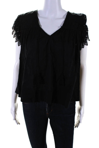 Ulla Johnson Womens Cotton Textured Cap Sleeve V-Neck Blouse Top Black Size 0