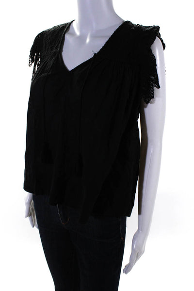 Ulla Johnson Womens Cotton Textured Cap Sleeve V-Neck Blouse Top Black Size 0