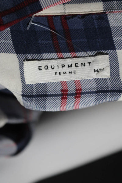 Equipment Femme Womens Button Front Collared Silk Plaid Shirt Blue White Medium