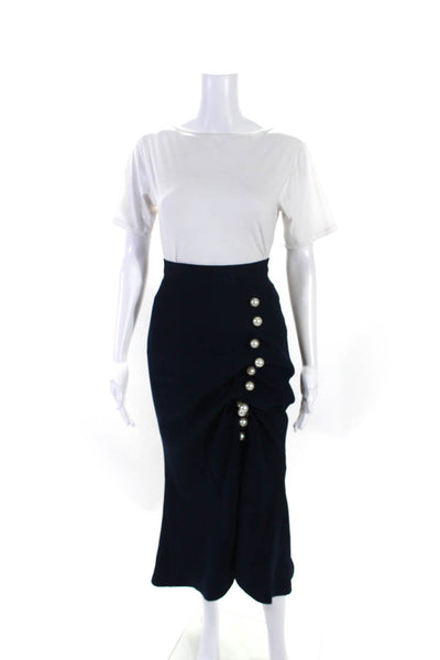 Skazi Womens Navy Blue Faux Pearl Zip Back Lined Midi Pencil Skirt Size M