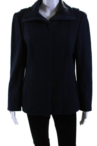 Elie Tahari Womens Front Zip Long Sleeve Mock Neck Knit Jacket Navy Size Large