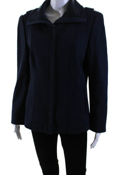 Elie Tahari Womens Front Zip Long Sleeve Mock Neck Knit Jacket Navy Size Large