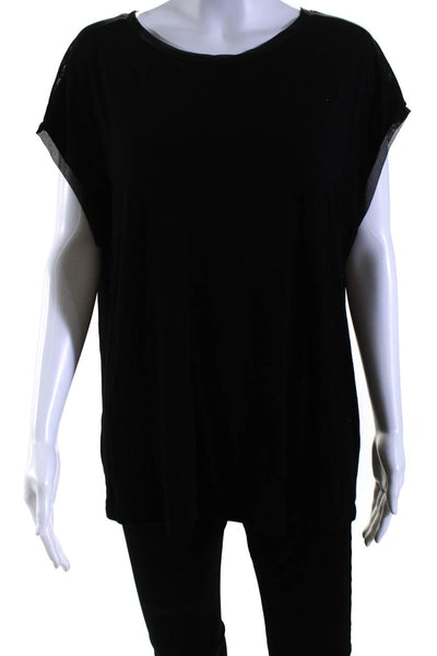 Tahari Womens Short Sleeve Mesh Trim Scoop Neck Tee Shirt Black Size Extra Large