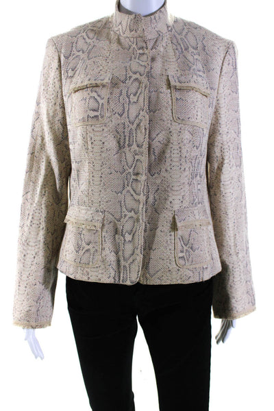 Elie Tahari Womens Button Front Snakeskin Print Knit Jacket Brown Size Large