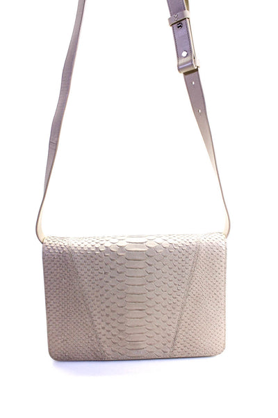 Vince Womens Leather Snakeskin Print Flap Crossbody Shoulder Handbag Beige