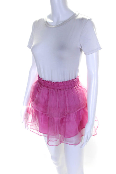 Love Shack Fancy Womens Silk Elastic Waist Lined Mini Tiered Skirt Pink Size XS