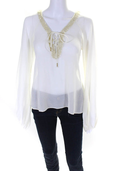 Chelsea Flower Womens Sequined Trimmed Lace-Up V-Neck Tied Blouse White Size XS