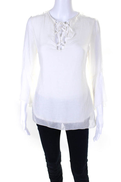 Giulia Womens Silk Lace-Up V-Neck Long Sleeve Pullover Blouse White Size S