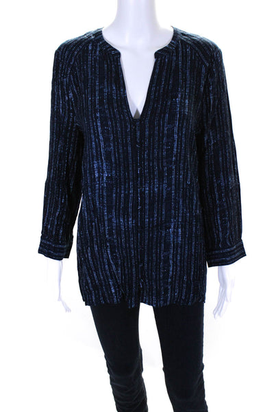 Soft Joie Womens Striped Button Up V-Neck Long Sleeve Blouse Top Navy Size L