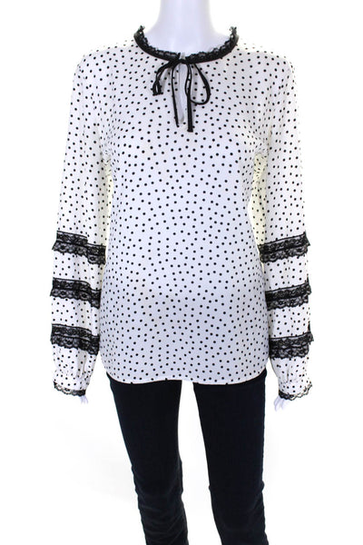 Karl Lagerfeld Womens Crepe Polka Dot Lace Trim V-Neck Blouse Top White Size L