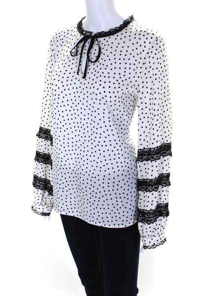 Karl Lagerfeld Womens Crepe Polka Dot Lace Trim V-Neck Blouse Top White Size L