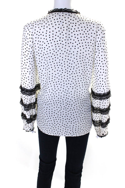 Karl Lagerfeld Womens Crepe Polka Dot Lace Trim V-Neck Blouse Top White Size L