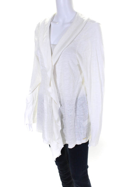 Calvin Klein Womens Cotton Linen Knit Ruffled Cardigan Sweater White Size L