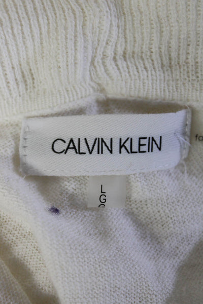 Calvin Klein Womens Cotton Linen Knit Ruffled Cardigan Sweater White Size L