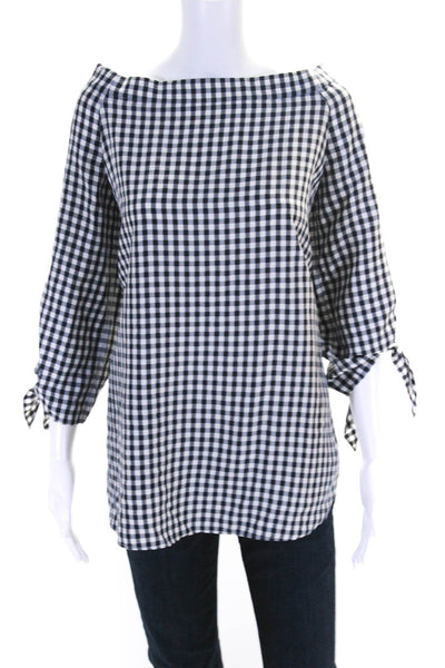 Tibi Womens Check Print Round Neck Long Sleeve Pullover Blouse White Size 4