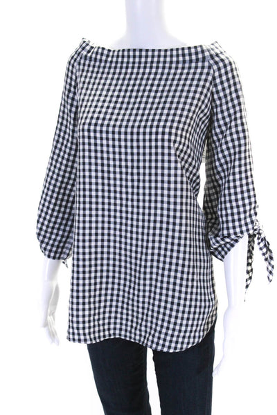 Tibi Womens Check Print Round Neck Long Sleeve Pullover Blouse White Size 4