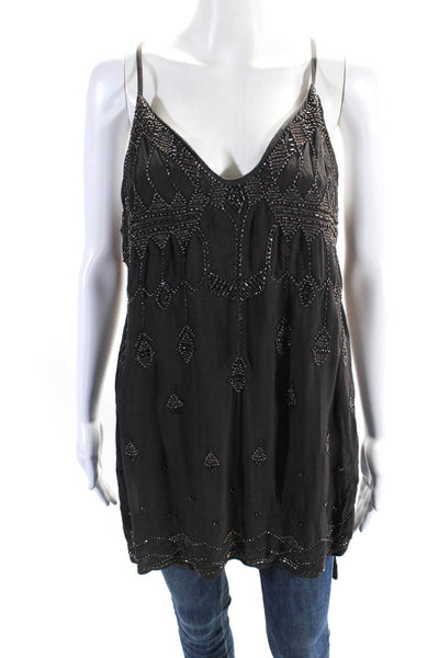 Free People Womens Brown Beaded V-Neck Sleeveless Cap Blouse Top Size S