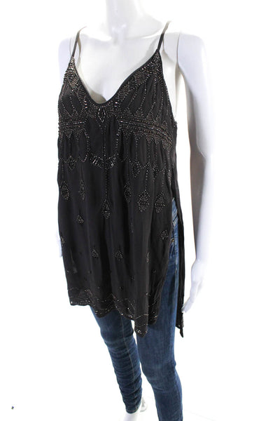 Free People Womens Brown Beaded V-Neck Sleeveless Cap Blouse Top Size S