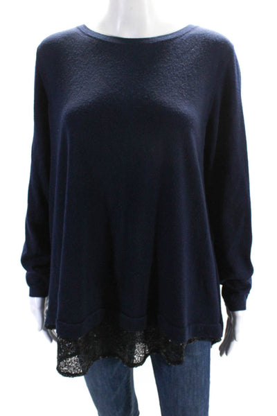 Boden Womens Scoop Neck Lace Trim Oversized Sweater Navy Blue Wool Size XL