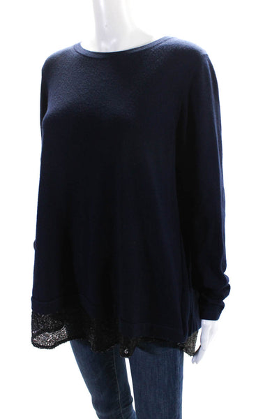 Boden Womens Scoop Neck Lace Trim Oversized Sweater Navy Blue Wool Size XL