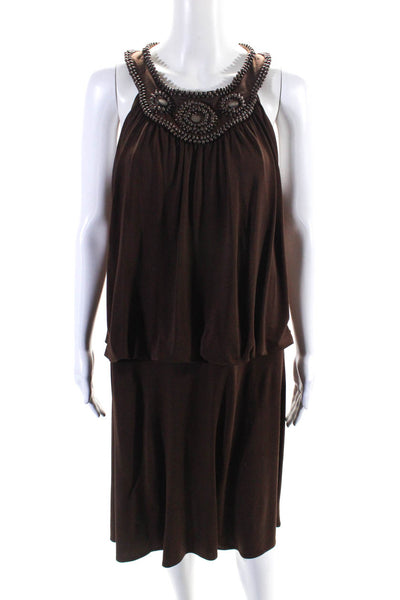 Maggy London Womens Sleeveless Scoop Neck Beaded Trim Dress Brown Size 14