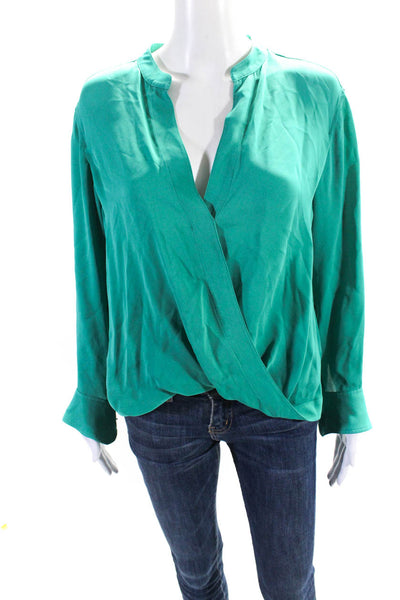 ALC Womens Long Sleeve V Neck Silk High Low Shirt Blouse Green Size 4