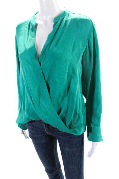 ALC Womens Long Sleeve V Neck Silk High Low Shirt Blouse Green Size 4