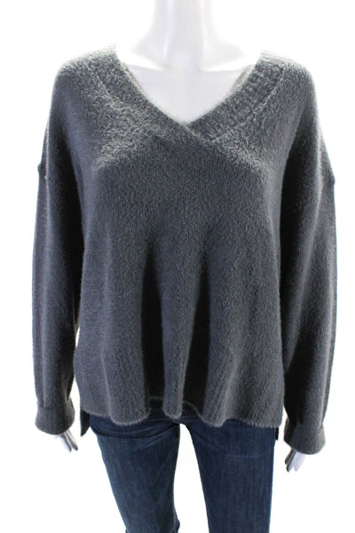 Another Love Womens Gray Fuzzy V-Neck Long Sleeve Pullover Sweater Top Size M