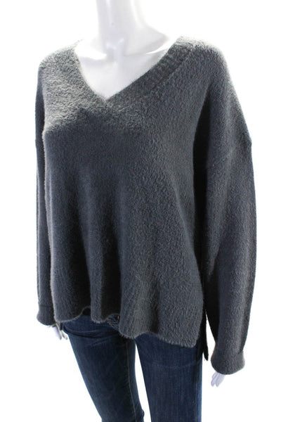 Another Love Womens Gray Fuzzy V-Neck Long Sleeve Pullover Sweater Top Size M