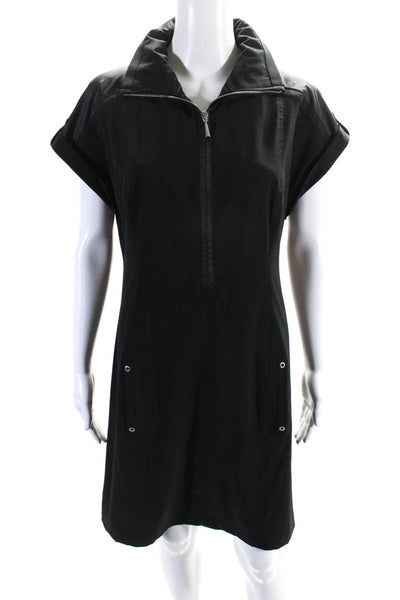 Zenergy Womens Black Front Zip Packable Hood Short Sleeve Shirt Dress Size 1