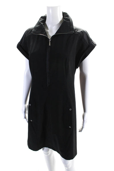 Zenergy Womens Black Front Zip Packable Hood Short Sleeve Shirt Dress Size 1