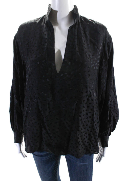 Nili Lotan Womens Silk Satin Polka Dot Collared V-Neck Blouse Top Black Size S