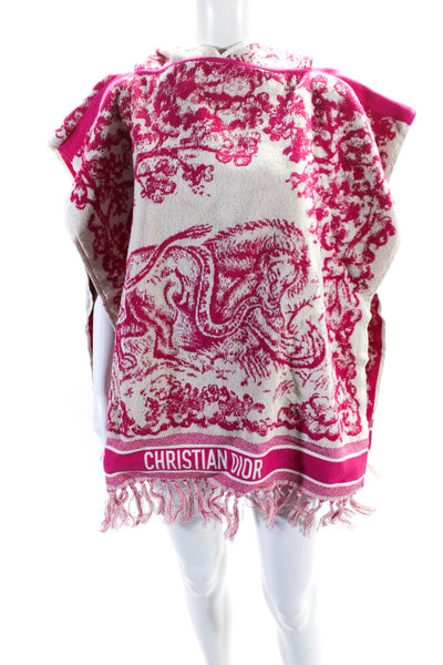 Christian Dior Womens Terry Print Hooded Fringe Cover Up Poncho Pink Size OS