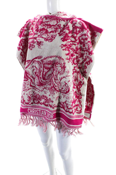 Christian Dior Womens Terry Print Hooded Fringe Cover Up Poncho Pink Size OS