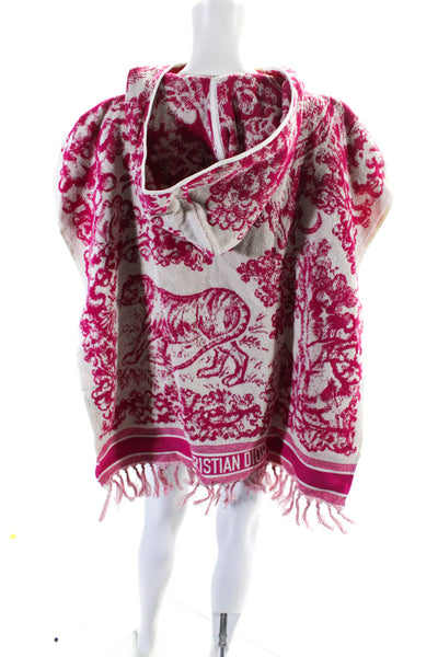 Christian Dior Womens Terry Print Hooded Fringe Cover Up Poncho Pink Size OS