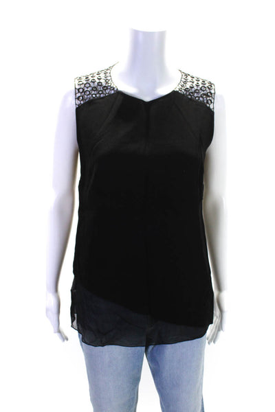 Elie Tahari Womens Back Zip Grommet Sheer Trim Top Blouse Black Size Small