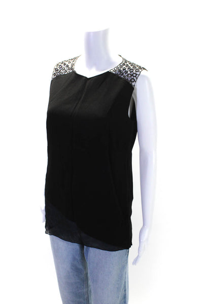 Elie Tahari Womens Back Zip Grommet Sheer Trim Top Blouse Black Size Small