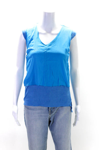 T Tahari Womens Sleeveless V Neck Layered Boxy Top Blouse Blue Size Small