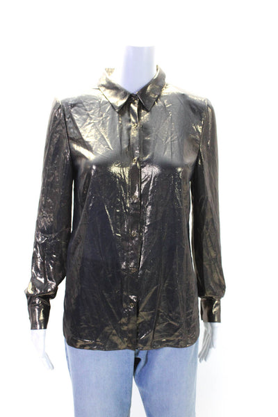 Elie Tahari Womens Button Front Long Sleeve Collared Metallic Shirt Gold Small