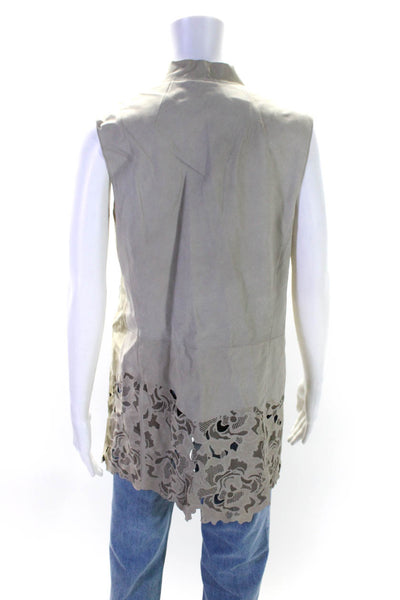 Elie Tahari Womens Open Front Floral Laser Cut Leather Vest Jacket Brown Small