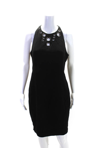 Elie Tahari Womens Back Zip Crew Neck Grommet Crepe Sheath Dress Black Size 6