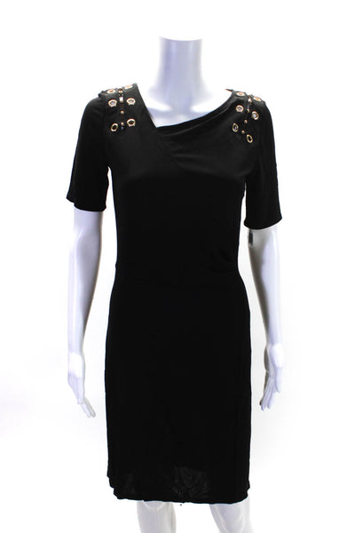 Elie Tahari Womens Short Sleeve Grommet Beaded V Neck Knit Dress Black Small