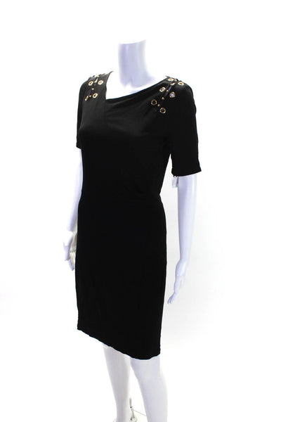 Elie Tahari Womens Short Sleeve Grommet Beaded V Neck Knit Dress Black Small