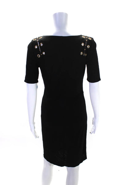 Elie Tahari Womens Short Sleeve Grommet Beaded V Neck Knit Dress Black Small