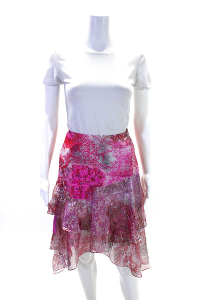 Elie Tahari Womens Side Zip Metallic Trim Floral Silk A Line Skirt Pink Size 6