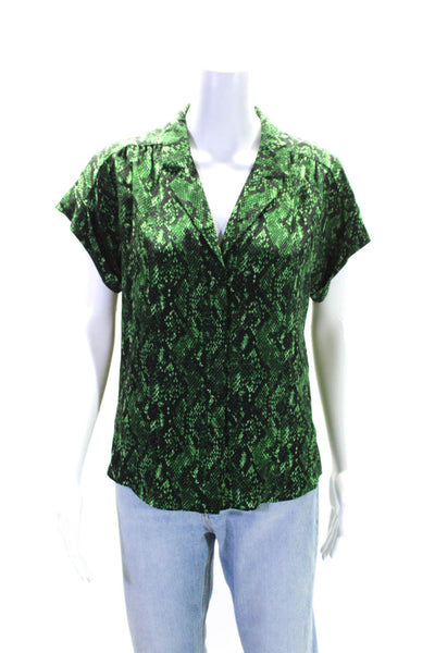 Veronica Beard Womens Silk Animal Print Buttoned Short Sleeve Top Green Size 2