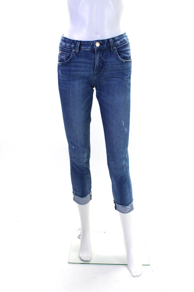 Amo Womens Cotton Medium Washed Cuffed Hem Buttoned Skinny Jeans Blue Size EUR26